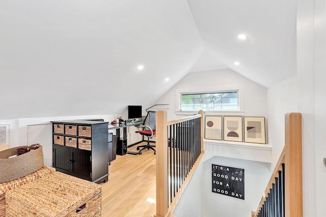 office with recessed lighting, lofted ceiling, and wood finished floors
