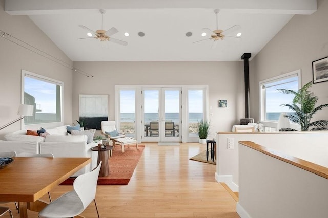 32 Northern Blvd, Newbury, MA 01951 - dining space featuring a ceiling fan, high vaulted ceiling, a wealth of natural light, and light wood-type flooring