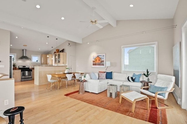 32 Northern Blvd, Newbury, MA 01951 - living room featuring recessed lighting, ceiling fan, vaulted ceiling with beams, and light wood-style floors