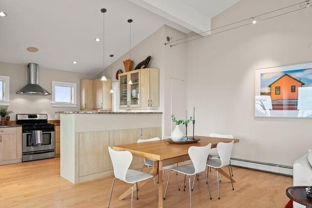 32 Northern Blvd, Newbury, MA 01951 - dining space featuring a baseboard radiator, lofted ceiling with beams, recessed lighting, and light wood-style flooring
