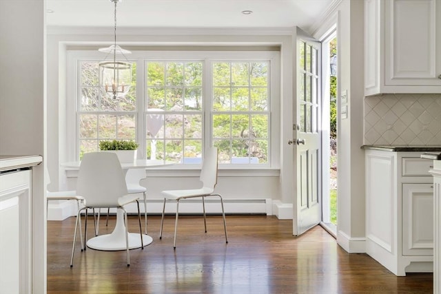 entryway with a baseboard heating unit, wood finished floors, plenty of natural light, and crown molding