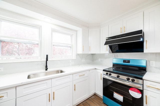 kitchen featuring decorative backsplash, white cabinets, a sink, electric range, and range hood