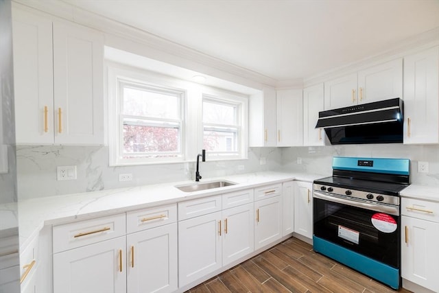 kitchen with electric stove, a sink, ventilation hood, backsplash, and white cabinetry