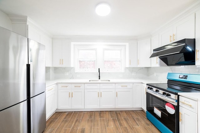 kitchen with wood finished floors, white cabinetry, appliances with stainless steel finishes, a sink, and ventilation hood