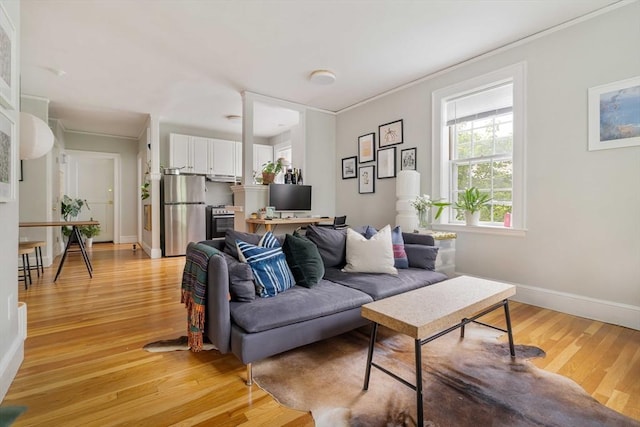9 Ellery St Unit 33, Cambridge, MA 02138 - living area featuring light wood finished floors, ornamental molding, and baseboards
