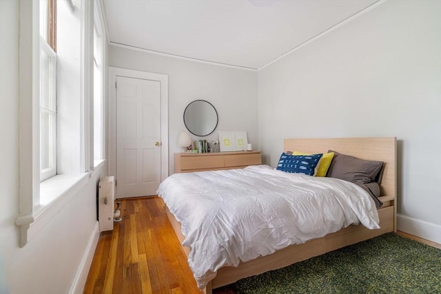 9 Ellery St Unit 33, Cambridge, MA 02138 - bedroom with radiator, wood finished floors, baseboards, and crown molding