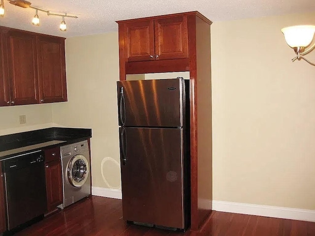 1610 Skyline Dr Unit 11, Lowell, MA 01854 - kitchen featuring freestanding refrigerator, black dishwasher, washer / dryer, baseboards, and dark wood-style flooring