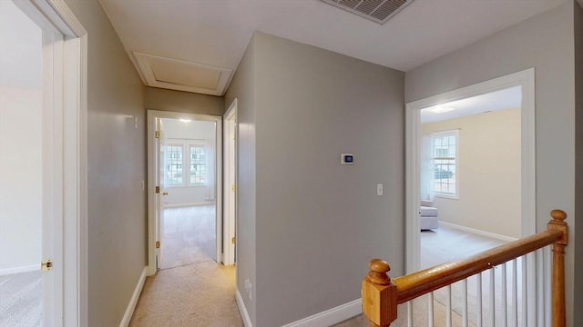 corridor with baseboards, a wealth of natural light, visible vents, and light carpet