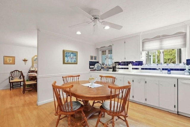 8 Viking Rock Rd, Yarmouth, MA 02664 - dining area with light wood finished floors, ceiling fan, recessed lighting, and crown molding