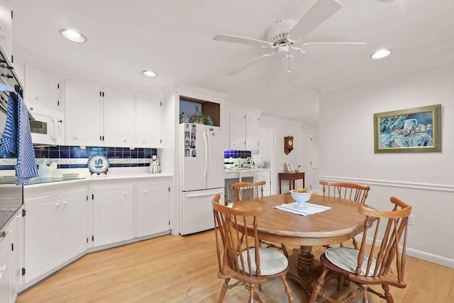 8 Viking Rock Rd, Yarmouth, MA 02664 - dining area with light wood-type flooring, ceiling fan, recessed lighting, and ornamental molding