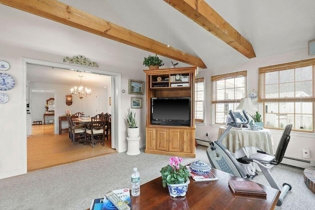 8 Viking Rock Rd, Yarmouth, MA 02664 - living area with a chandelier, a baseboard heating unit, and carpet