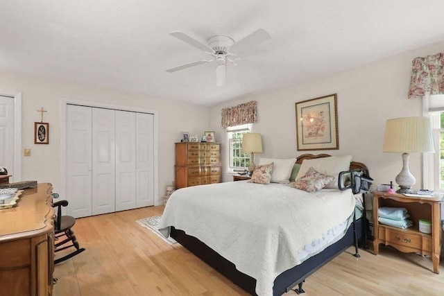 8 Viking Rock Rd, Yarmouth, MA 02664 - bedroom with light wood-style floors, a closet, and ceiling fan