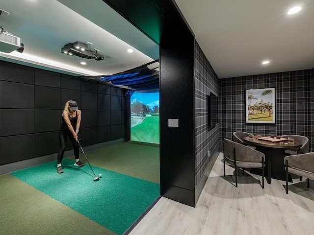 100 Linden St Unit 103, Wellesley, MA 02482 - game room with golf simulator, tile walls, and recessed lighting