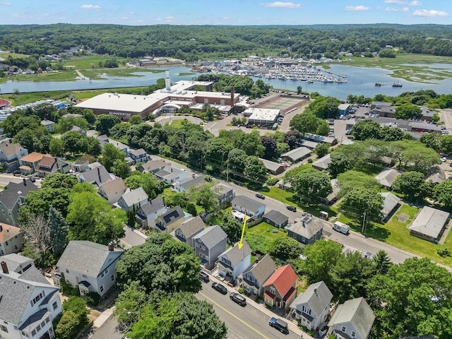 aerial view featuring a residential view and a water view