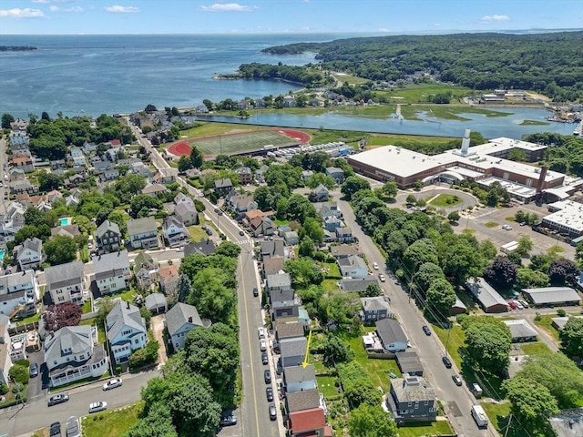 birds eye view of property featuring a water view