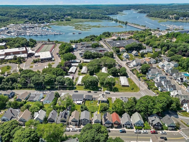 bird's eye view featuring a residential view and a water view