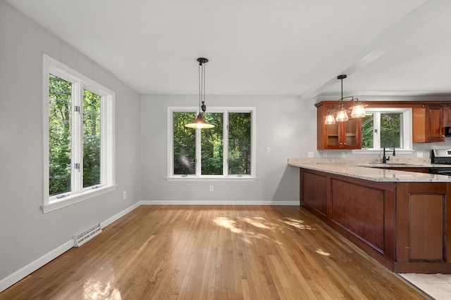 731-R Grove St, Norwell, MA 02061 - kitchen featuring brown cabinetry, light wood-style flooring, light stone counters, pendant lighting, and glass insert cabinets