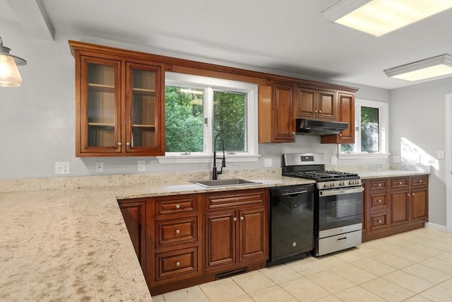 731-R Grove St, Norwell, MA 02061 - kitchen featuring dishwasher, gas stove, under cabinet range hood, light stone countertops, and glass insert cabinets