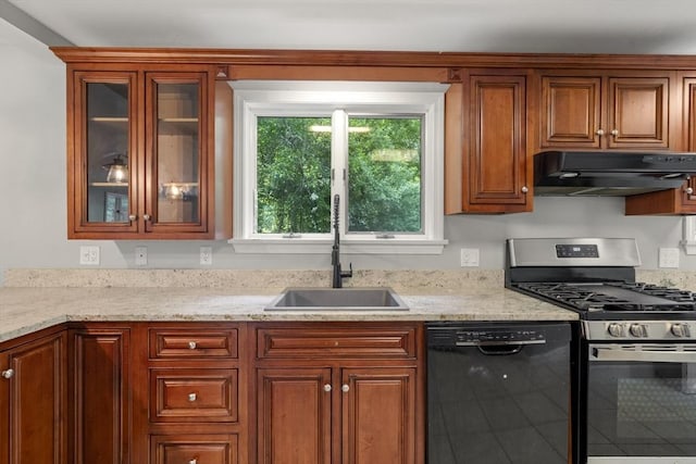 731-R Grove St, Norwell, MA 02061 - kitchen featuring black dishwasher, stainless steel range with gas stovetop, under cabinet range hood, and glass insert cabinets