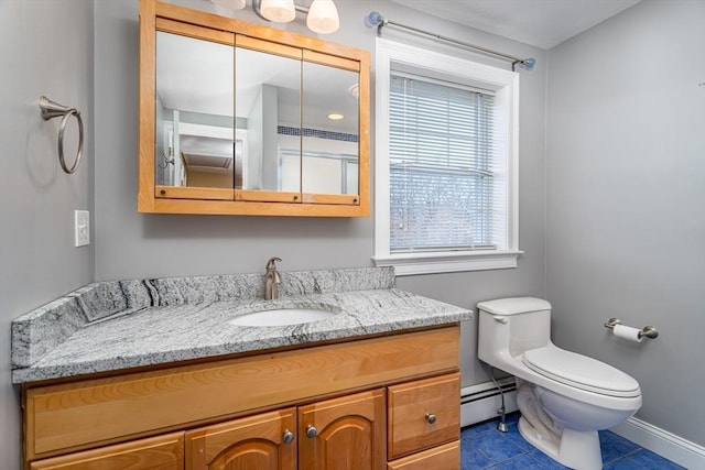 bathroom featuring tile patterned floors, vanity, toilet, and a baseboard heating unit