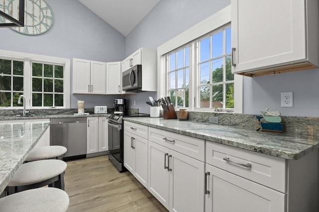 kitchen featuring white cabinets, light stone counters, sink, and stainless steel appliances