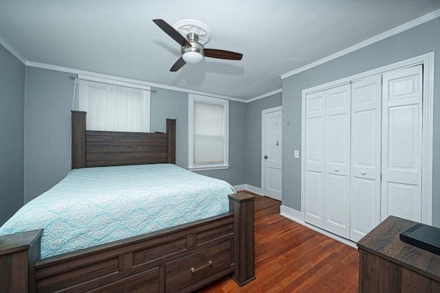 67 Pine St, Milford, MA 01757 - bedroom featuring dark wood finished floors, crown molding, baseboards, a closet, and a ceiling fan