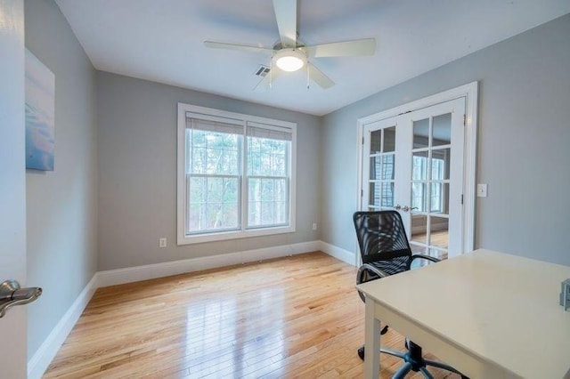 office area featuring ceiling fan, visible vents, baseboards, and wood finished floors