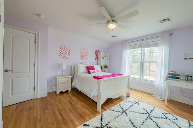 bedroom featuring ceiling fan, light wood finished floors, baseboards, and visible vents