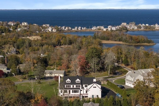 drone / aerial view featuring a water view