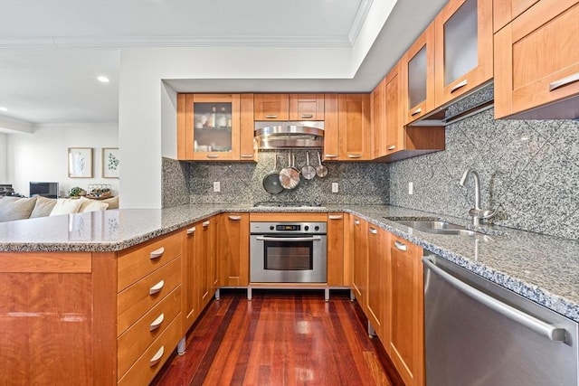 kitchen with dark wood-type flooring, sink, ornamental molding, appliances with stainless steel finishes, and light stone countertops