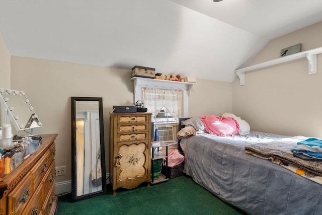 carpeted bedroom featuring cooling unit and lofted ceiling