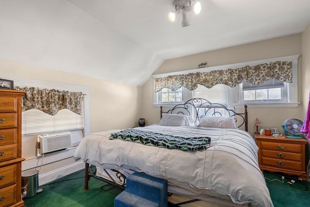 bedroom with carpet flooring, cooling unit, and vaulted ceiling