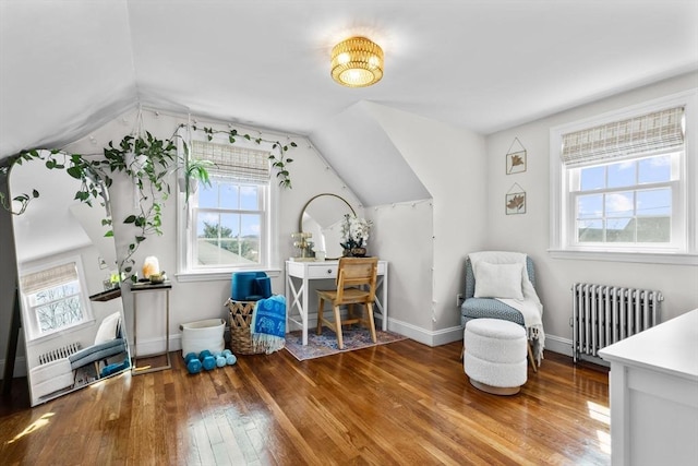 home office featuring hardwood / wood-style flooring, vaulted ceiling, a healthy amount of sunlight, and radiator
