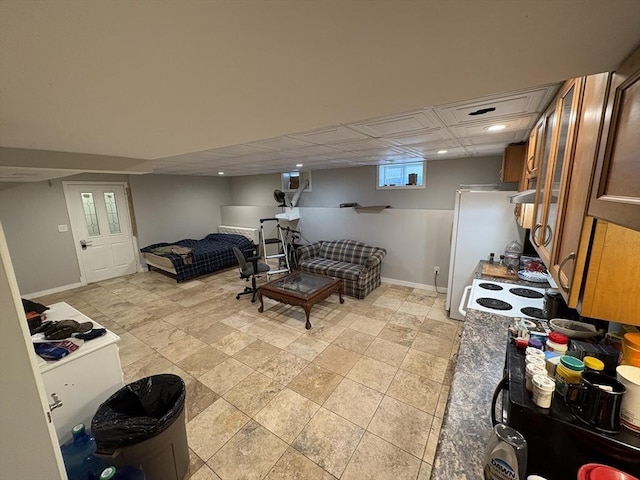 bedroom featuring white fridge