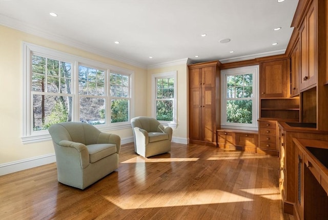 living area featuring crown molding, a healthy amount of sunlight, and light hardwood / wood-style floors