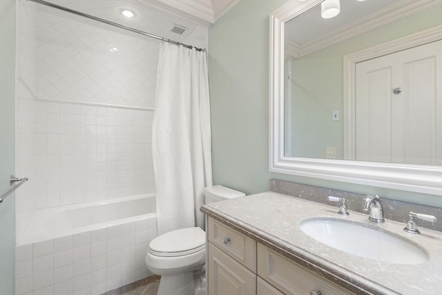 full bathroom with crown molding, vanity, toilet, and shower / bath combo