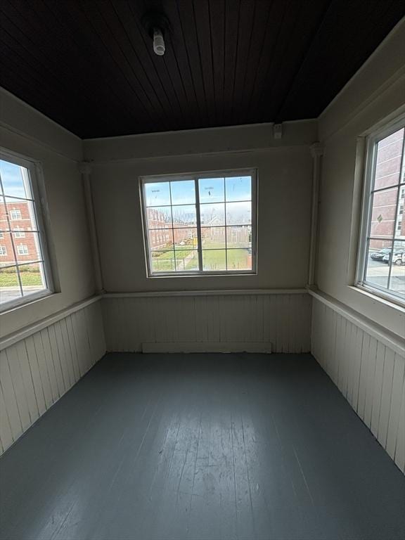 spare room featuring hardwood / wood-style floors and wooden walls