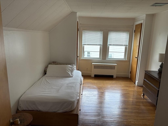 33 Meadowbrook Rd, Brookline, MA 02467 - bedroom featuring radiator heating unit, light wood finished floors, and vaulted ceiling