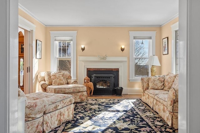 sitting room with crown molding and wood-type flooring