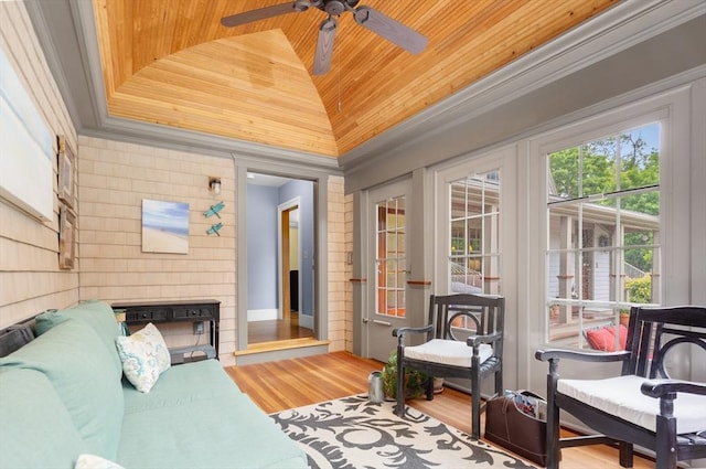 15 Hawthorne Rd, Hingham, MA 02043 - living room featuring wood ceiling, a ceiling fan, and wood finished floors