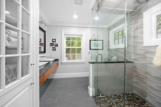 15 Hawthorne Rd, Hingham, MA 02043 - bathroom with crown molding, plenty of natural light, double vanity, a shower stall, and baseboards