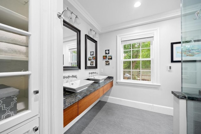 15 Hawthorne Rd, Hingham, MA 02043 - full bathroom featuring double vanity, ornamental molding, baseboards, tile patterned flooring, and recessed lighting