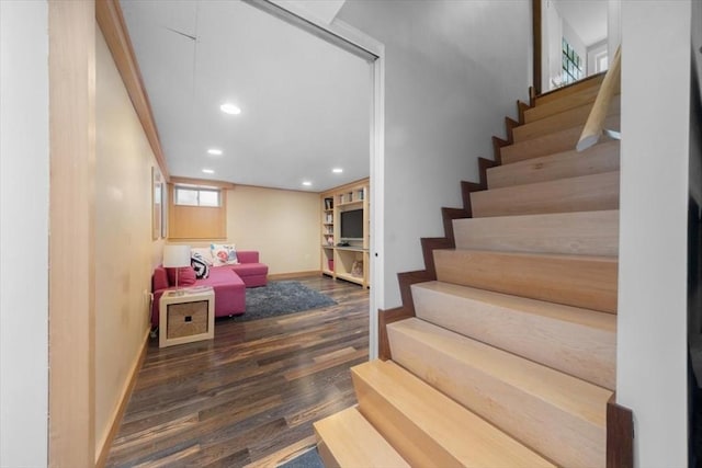 15 Hawthorne Rd, Hingham, MA 02043 - stairs featuring baseboards, wood finished floors, and recessed lighting