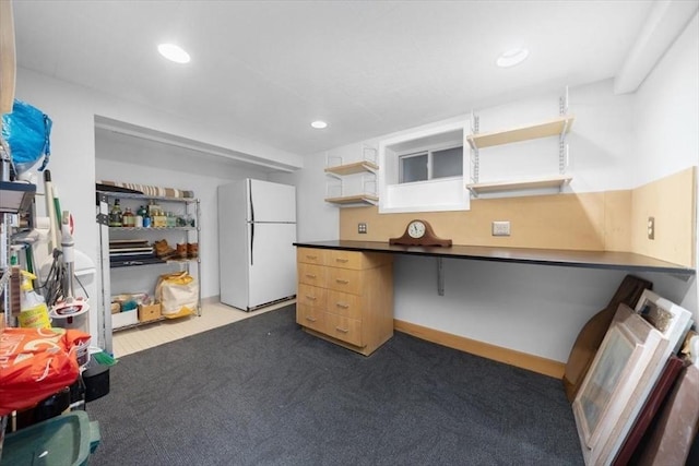 15 Hawthorne Rd, Hingham, MA 02043 - kitchen featuring freestanding refrigerator, open shelves, carpet flooring, recessed lighting, and dark countertops