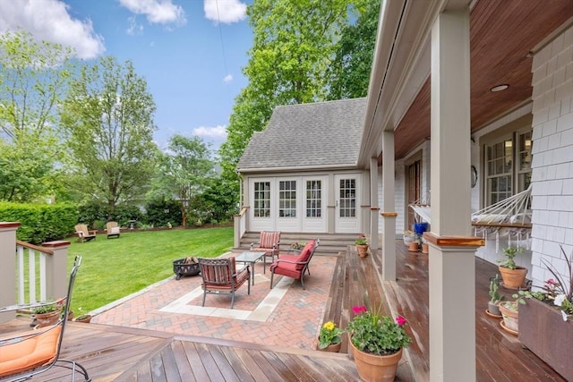 15 Hawthorne Rd, Hingham, MA 02043 - wooden deck with a yard, an outdoor fire pit, and a patio area