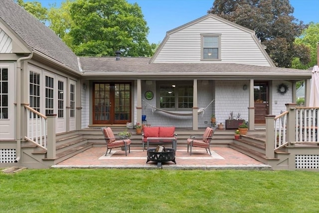 15 Hawthorne Rd, Hingham, MA 02043 - back of property with french doors, entry steps, roof with shingles, a patio area, and a fire pit
