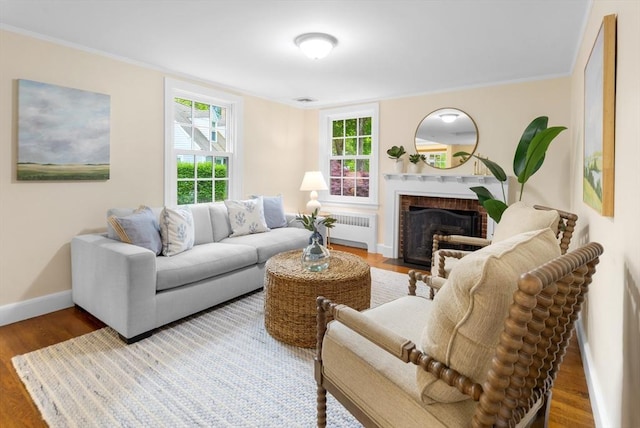 15 Hawthorne Rd, Hingham, MA 02043 - living area with radiator, a fireplace, baseboards, and wood finished floors