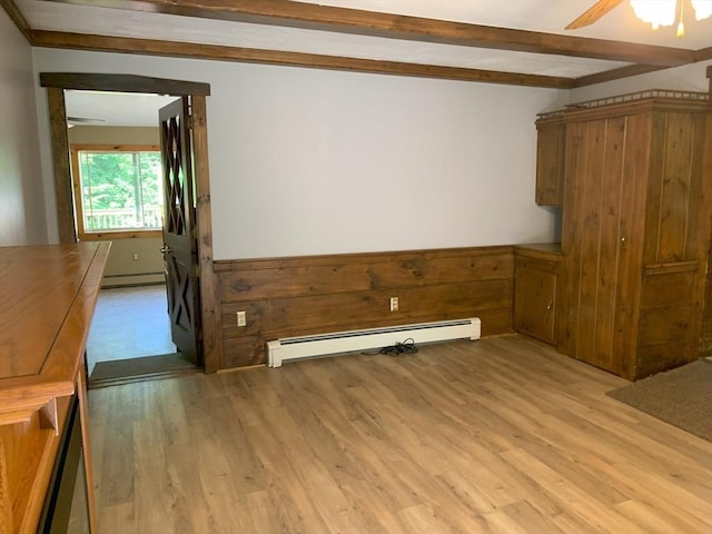 19 Locust Ave, Southbridge, MA 01550 - unfurnished living room with baseboard heating, light wood-style floors, a wainscoted wall, ceiling fan, and beam ceiling