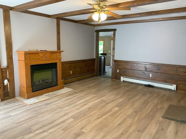 19 Locust Ave, Southbridge, MA 01550 - unfurnished living room featuring a baseboard radiator, a fireplace with flush hearth, a wainscoted wall, a ceiling fan, and wood finished floors