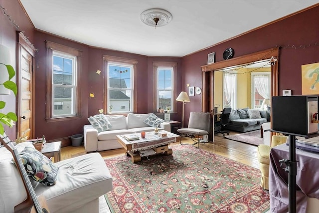 living room featuring a healthy amount of sunlight and wood finished floors